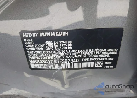 2024 BMW M3 Competition xDrive from USA, damaged, VIN WBS43AY05RFS97840